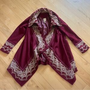 Artka Red Wool Embroidered Wrap Coat, Size XS